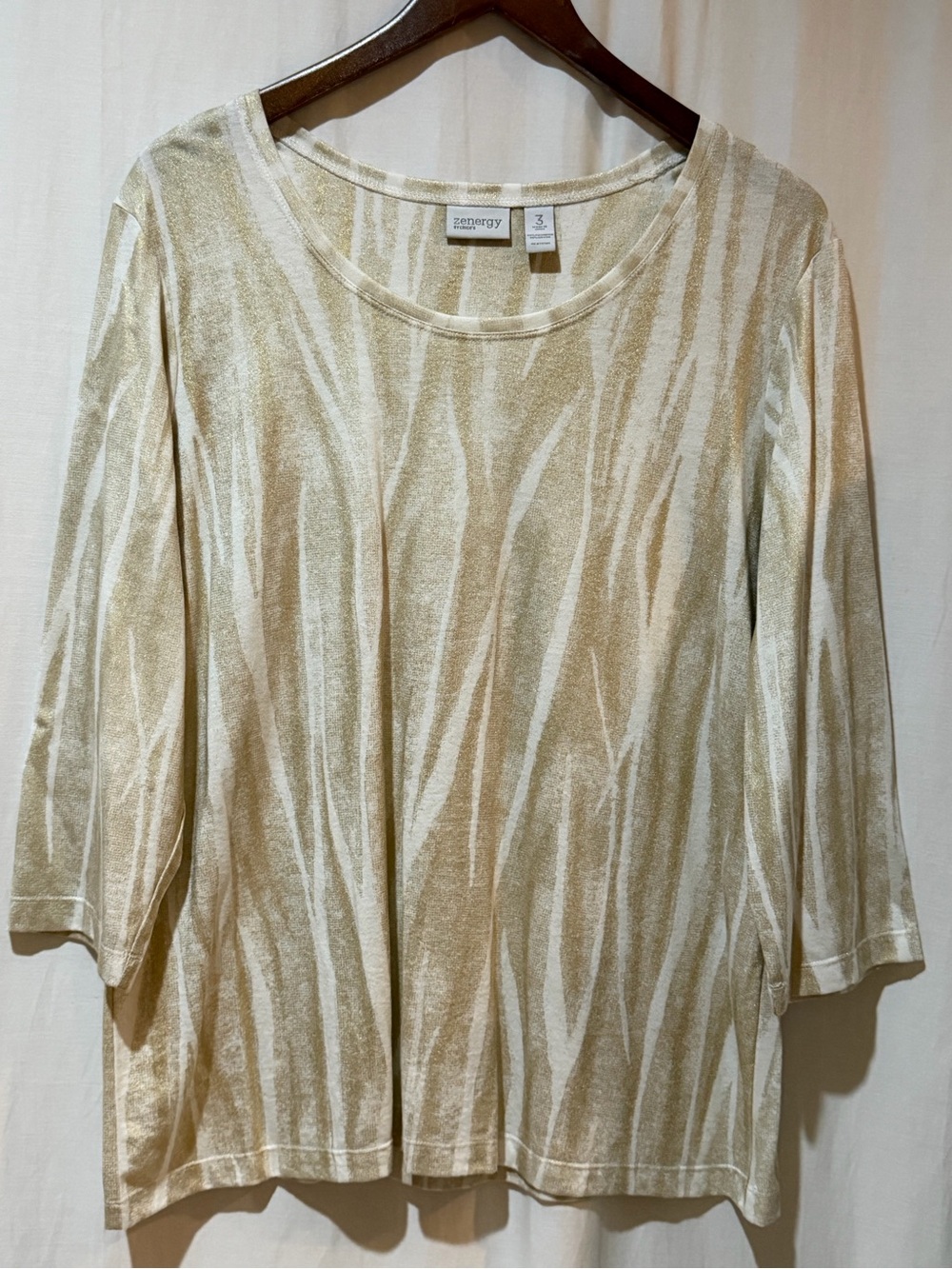 Zenergy by Chico’s Metallic Gold Abstract Print Tunic Top w. 3/4 Sleeves -3 (XL)